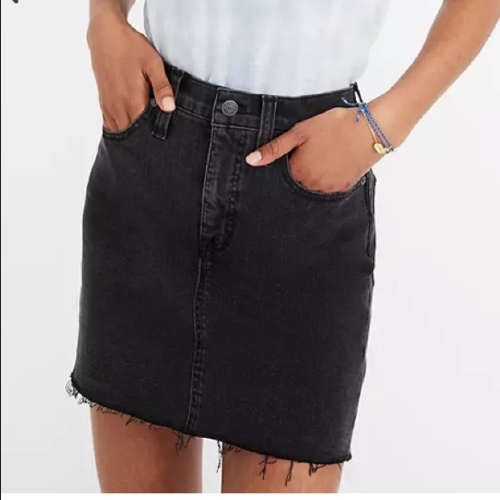 Madewell washed black denim distressed mini skirt